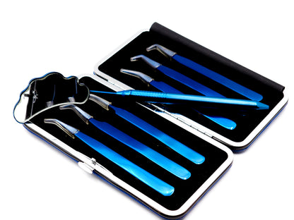 Blue Titanium Plasma Coated Eyelash Tweezers Set