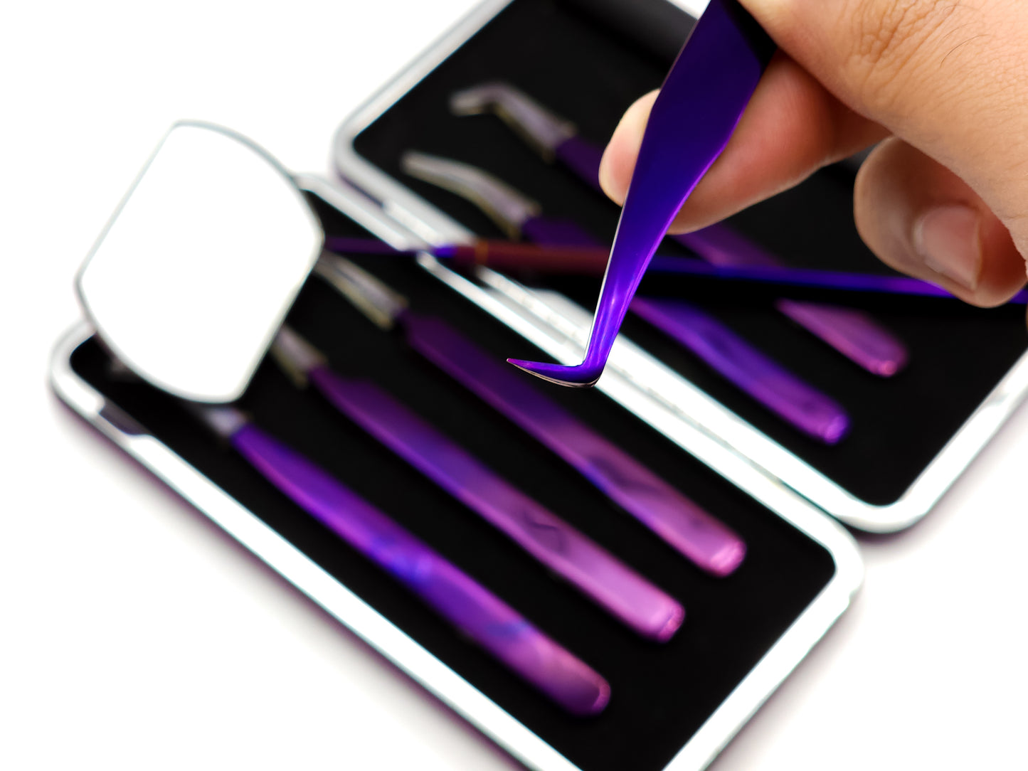 Purple Titanium Plasma Coated Eyelash Tweezers Set