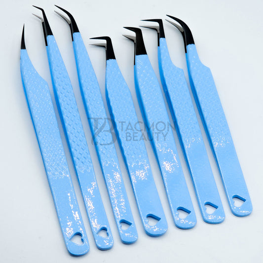 Heart Light Blue Fiber Tip Collection One - 7 Tweezers Set