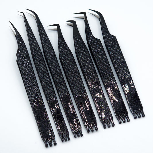 Crown Glitter Black Fiber Tip Collection One - 7 Tweezers Set