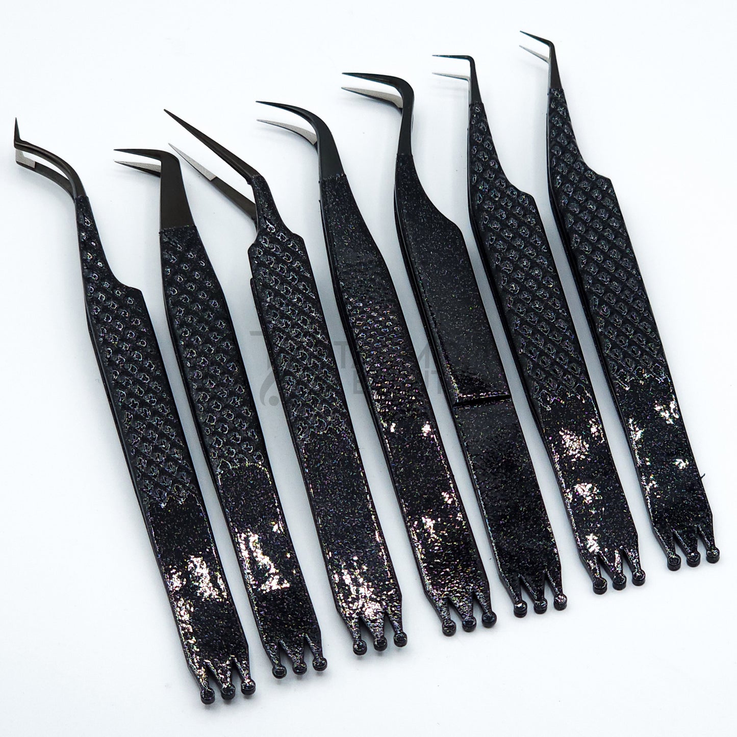 Crown Glitter Black Fiber Tip Collection Two - 7 Tweezers Set