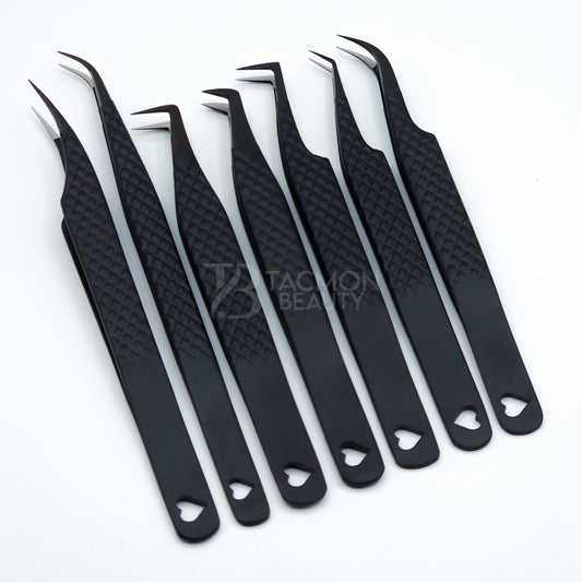 Heart Matte Black Fiber Tip Collection One - 7 Tweezers Set