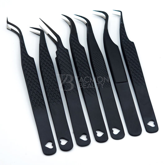 Heart Matte Black Fiber Tip Collection Two - 7 Tweezers Set