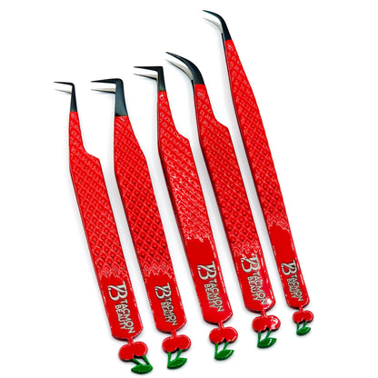 Fiber Tip Eyelash Tweezers Red Cherry set of 5