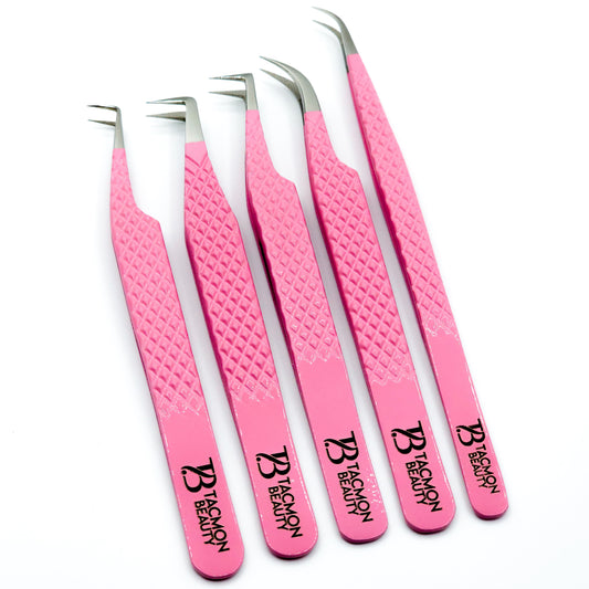 Fiber Tip Eyelash Tweezers Light Pink set of 5