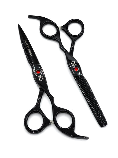 Professional Hair Cutting Scissors Set of 2, Black Stainless Steel Razor and Thinning Scissor