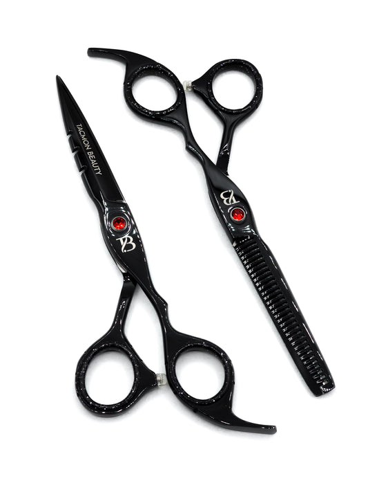 Professional Hair Cutting Scissors Set of 2, Black Stainless Steel Razor and Thinning Scissor