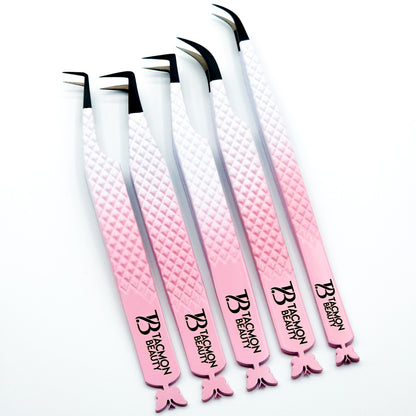 Fiber Tip Eyelash Tweezers Butterfly White to Pink Ombré set of 5