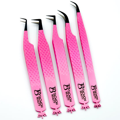 Fiber Tip Eyelash Tweezers Crown Pink to Light Pink Ombré set of 5