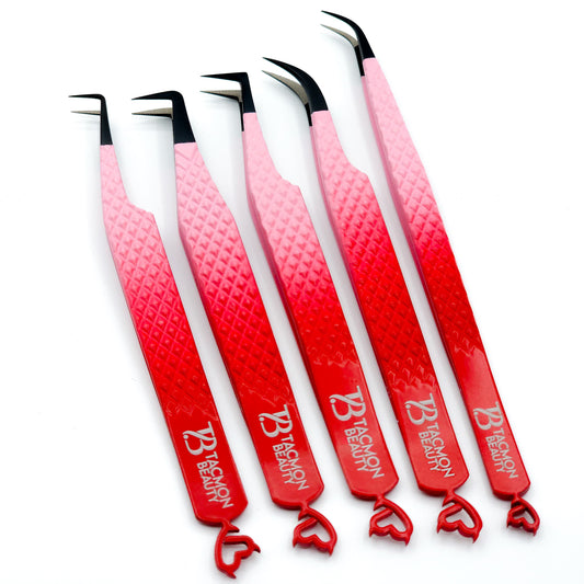 Fiber Tip Eyelash Tweezers Devil Heart Red to Pink Ombré set of 5