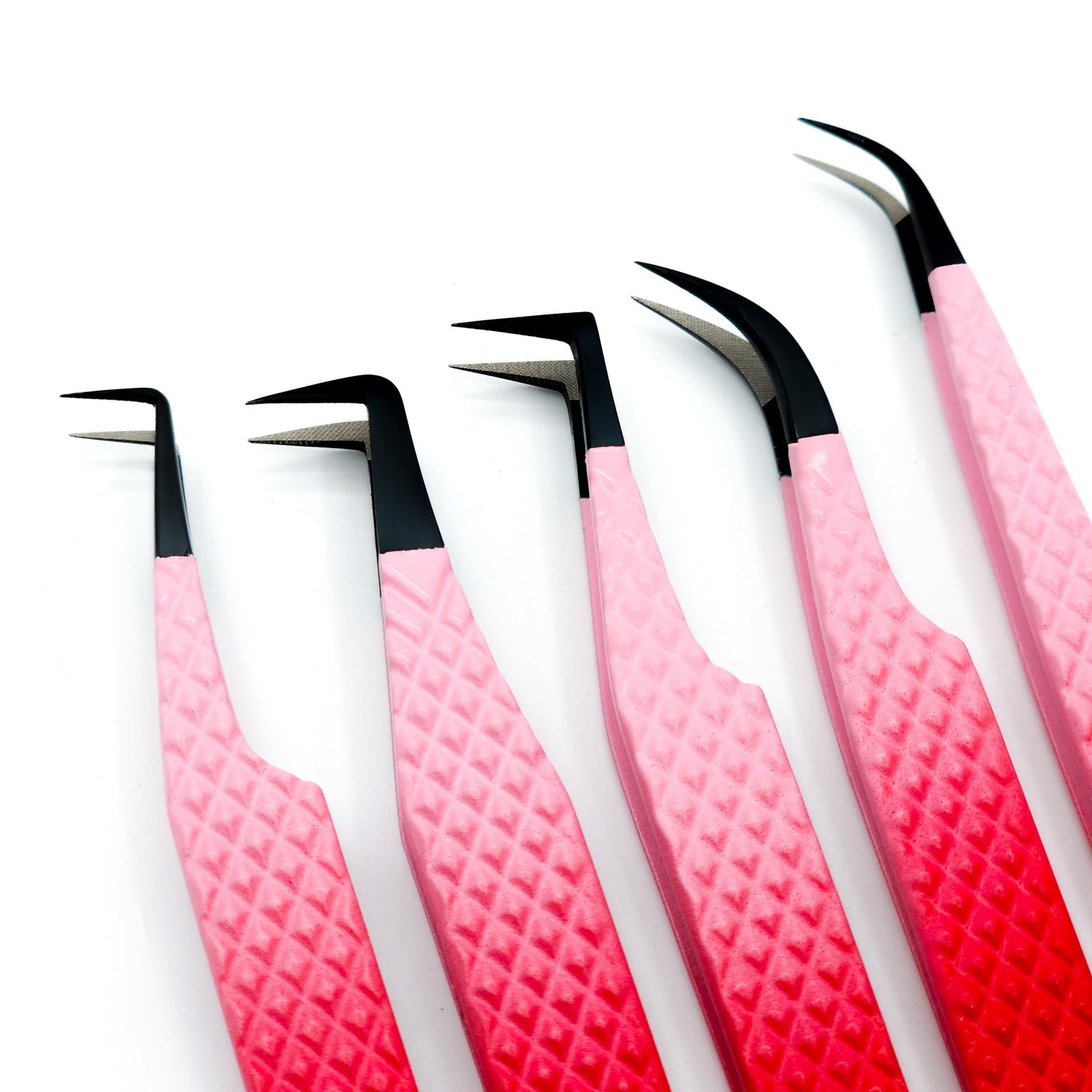 Fiber Tip Eyelash Tweezers Devil Heart Red to Pink Ombré set of 5