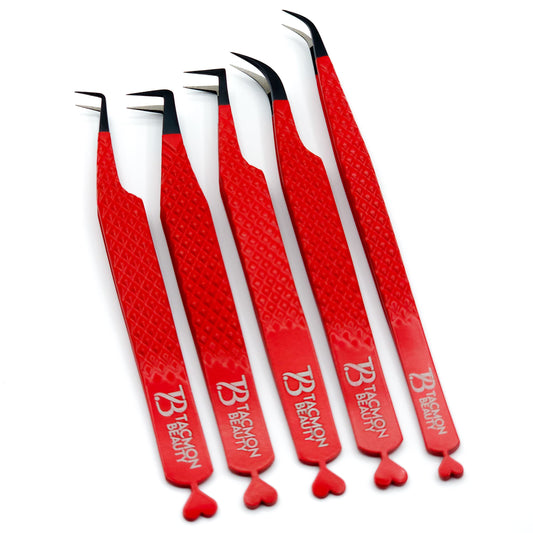 Fiber Tip Eyelash Tweezers Red Heart set of 5
