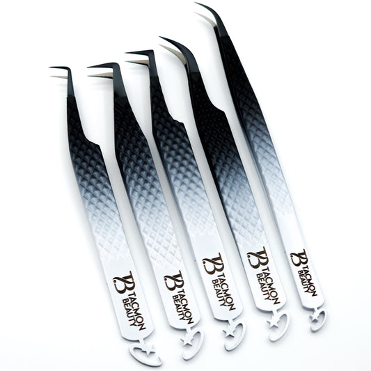 Fiber Tip Eyelash Tweezers Shooting Star Black to White Ombré set of 5